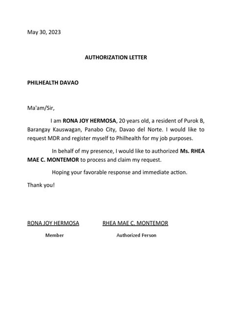 authorization letter for medical assistance philippines|Sample Authorization Letter for PhilHealth Download.